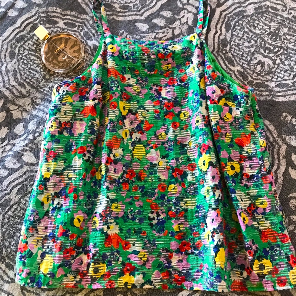 Anthropologie Green Floral Square Neck Tank